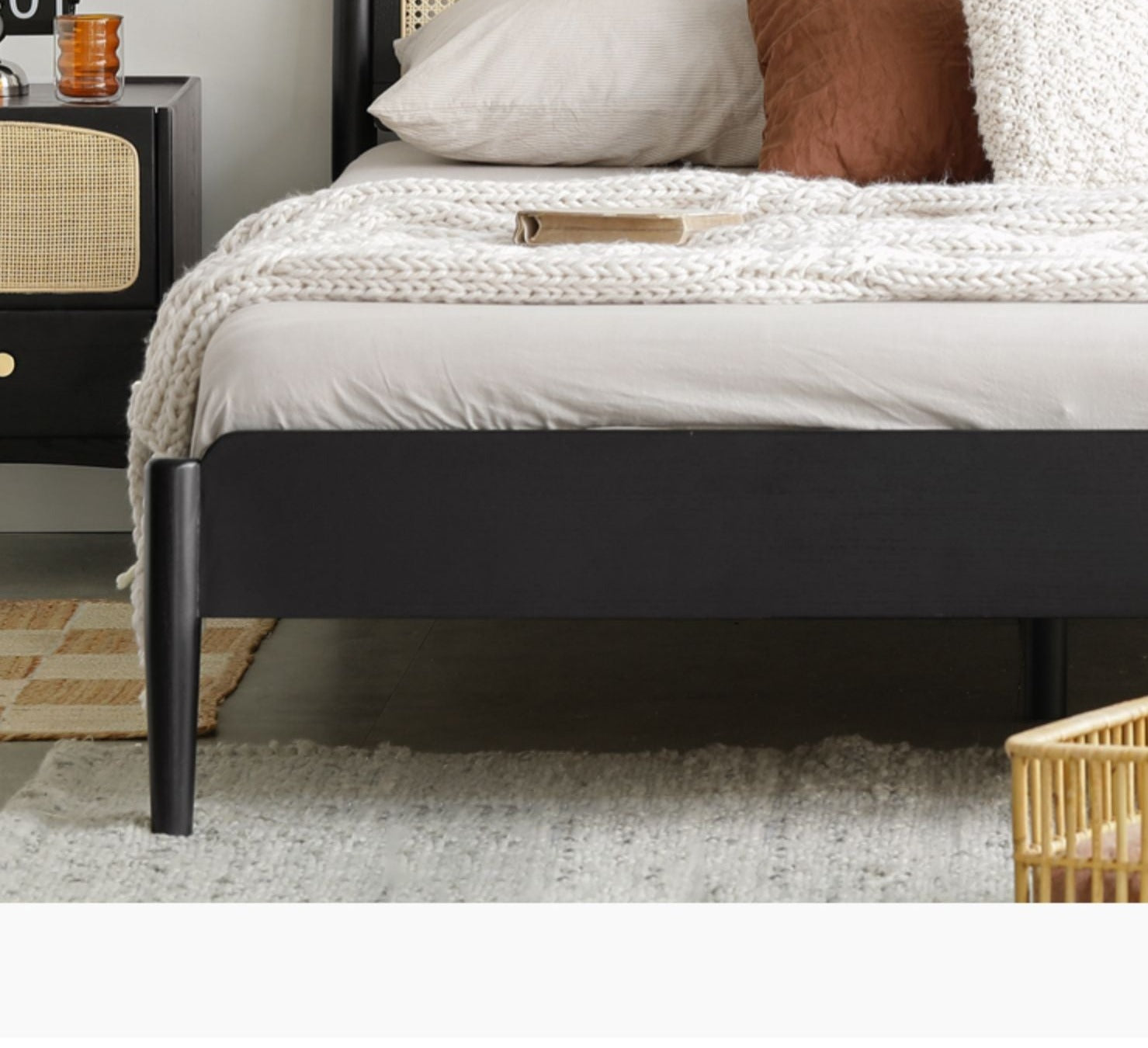 Oak Solid Wood Black Rattan bed