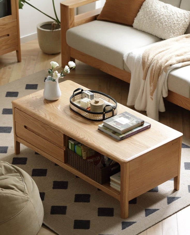 Oak, Solid Rubberwood Coffee Table Three Drawers