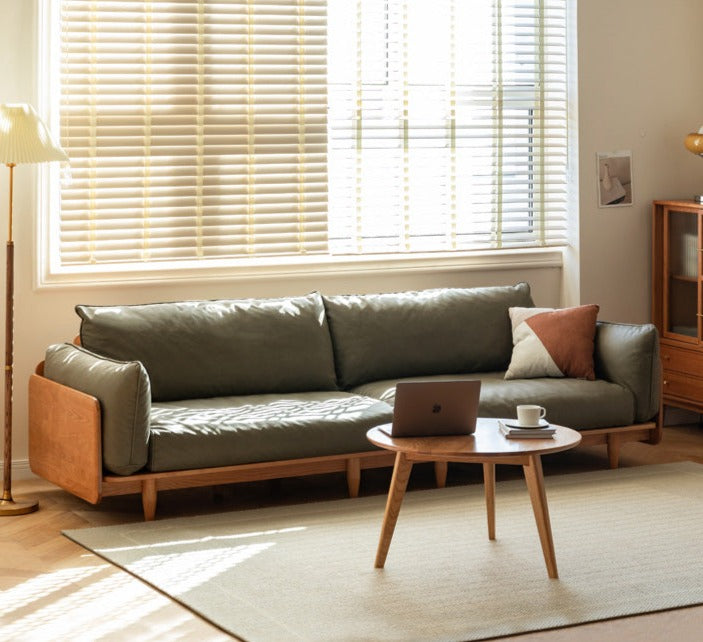 Cherry Wood Sofa Genuine Leather, Fabric-