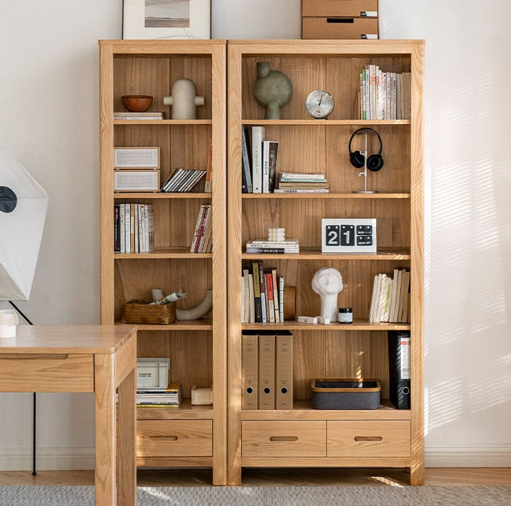 Oak, Rubberwood Solid Wood Drawer Bookcase