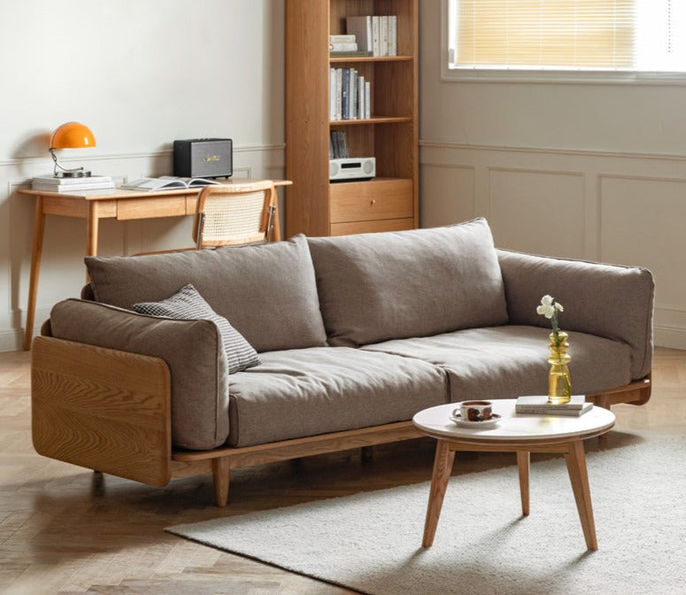 Cherry Wood Sofa Genuine Leather, Fabric-