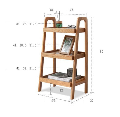 Oak Solid Wood Trapezoidal Three-Tier Bookshelf, Side Table
