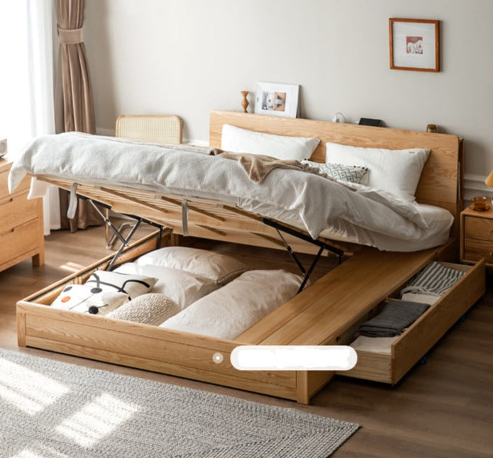 Oak Solid Wood Box Bed with Light And Bookshelf