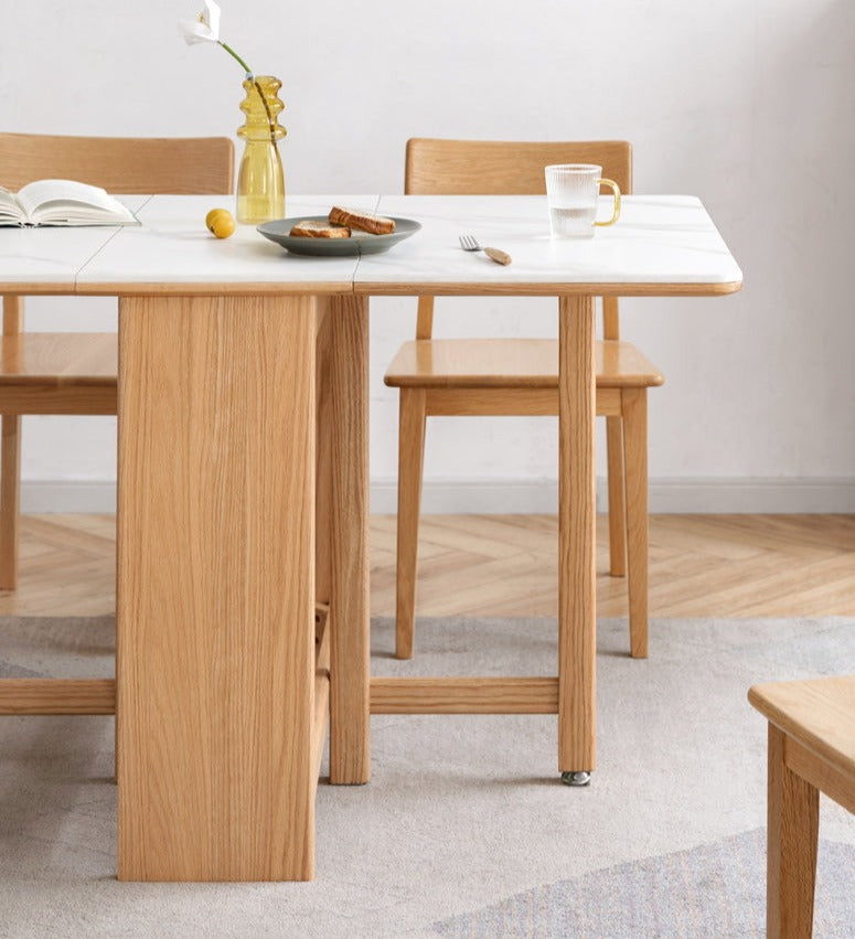 Oak Solid Wood Foldable Dining Table With Rock Slab Surface