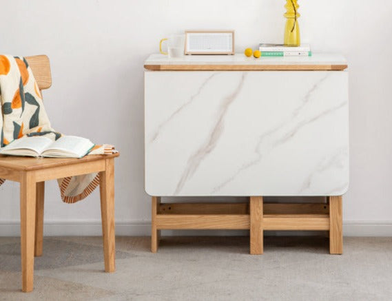 Oak Solid Wood Foldable Dining Table With Rock Slab Surface