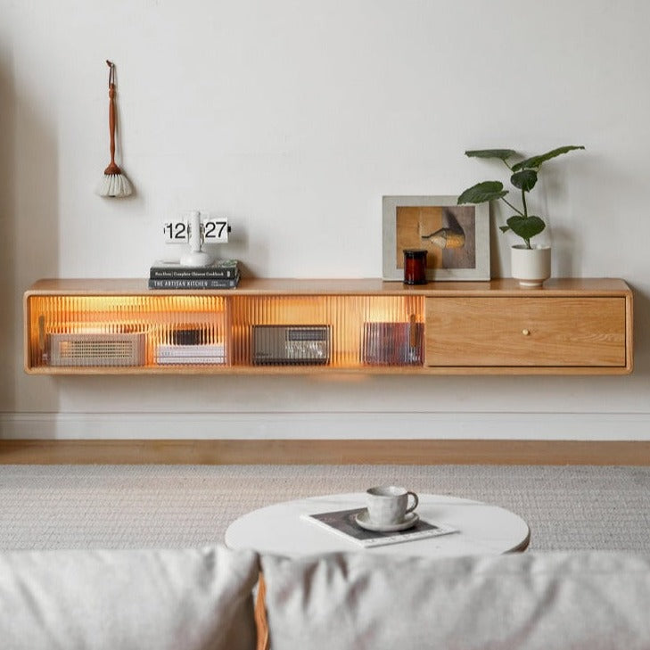 Floating tv stand online with glass doors