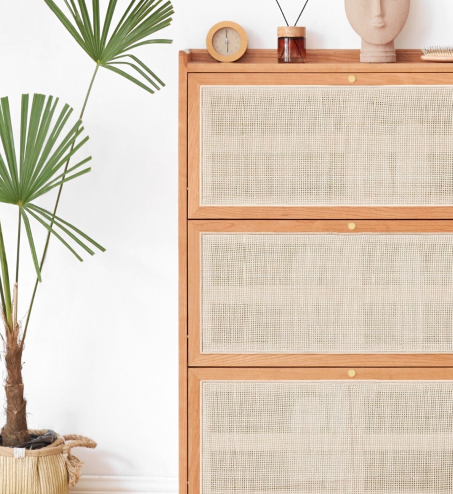 Oak Solid Wood Ultra-Thin Flap Door Rattan Shoe Cabinet