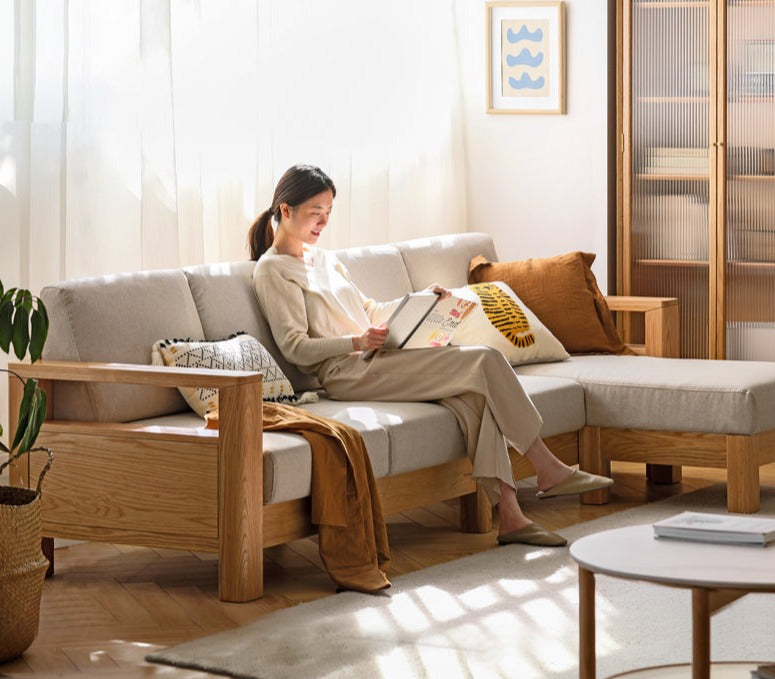 Solid Rubberwood, Oak Solid Wood Cotton Fabric Sofa