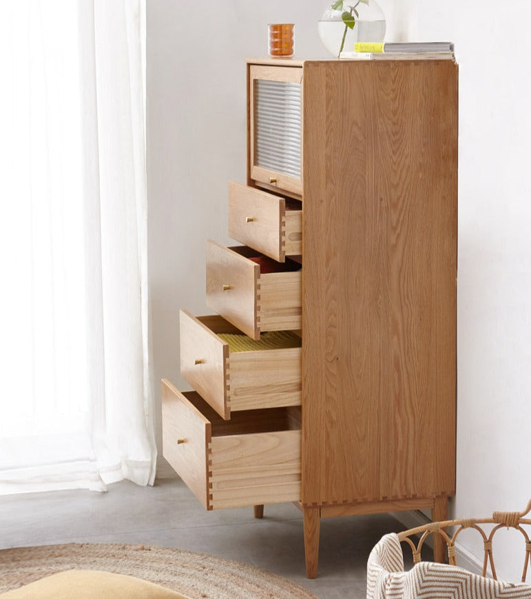 Oak Solid Wood Chest of Drawers Flip Glass Door