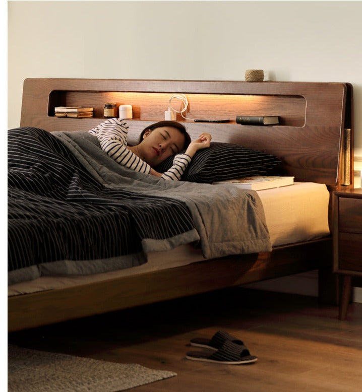 Oak solid wood bed with light walnut-color