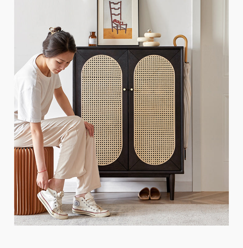 Oak Solid Wood Black Rattan Shoe Cabinet