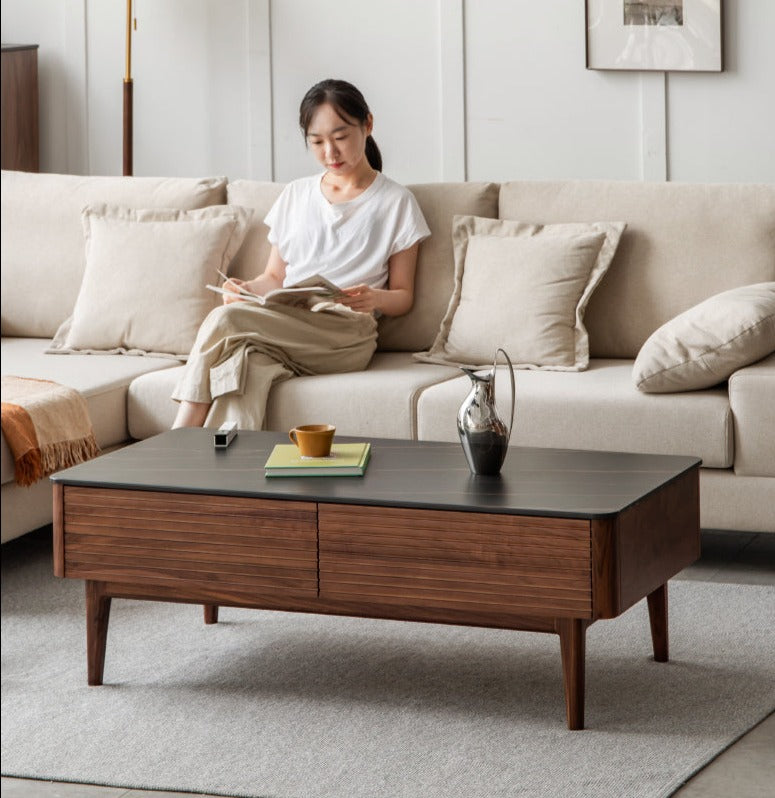Black Walnut, Sandal Solid Wood Coffee Table with Slate Top