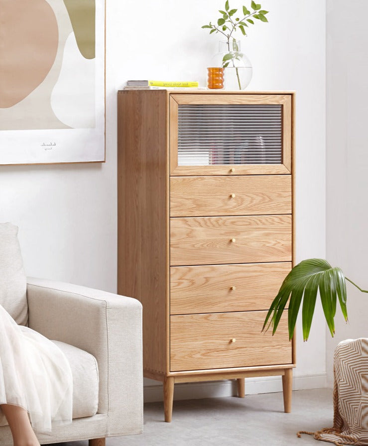 Oak Solid Wood Chest of Drawers Flip Glass Door