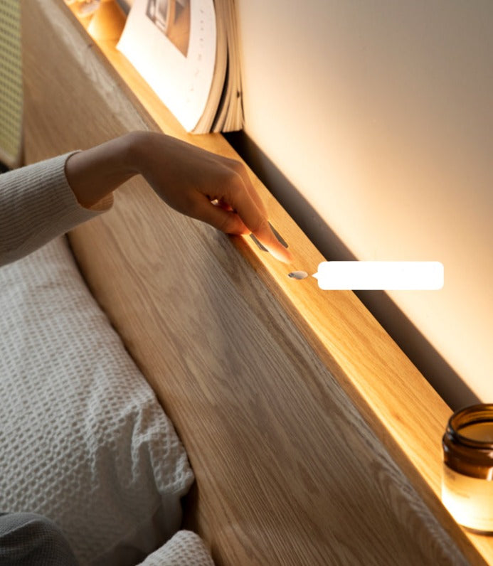 Oak Solid Wood Box Bed with Light And Bookshelf