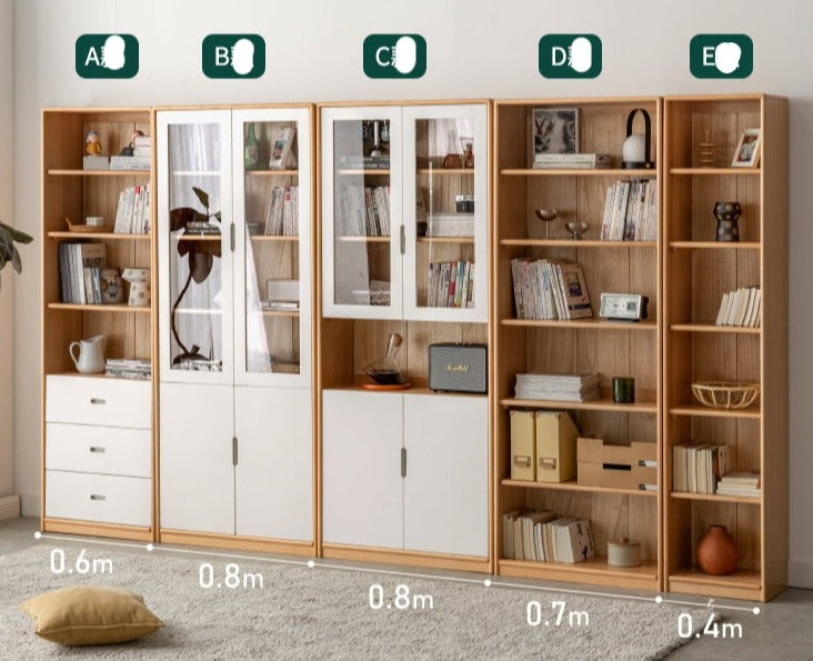 European Beech, Oak Solid Wood Floor-Standing Bookshelf with Glass Door Display
