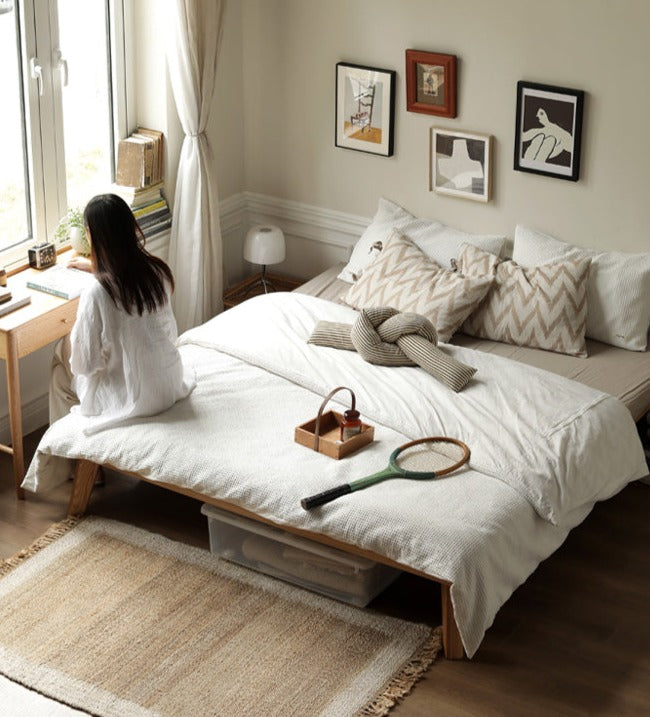 Oak solid wood platform bed, headboard-free bed