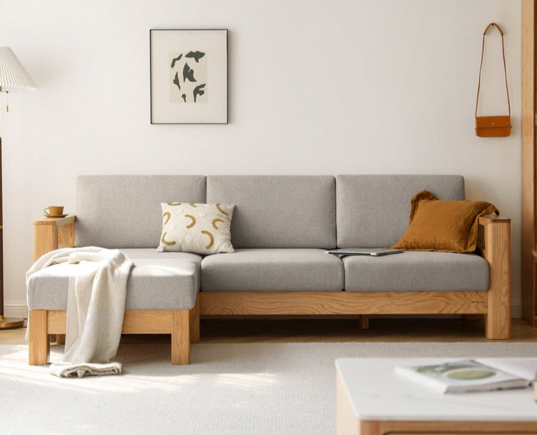 Solid Rubberwood, Oak Solid Wood Cotton Fabric Sofa