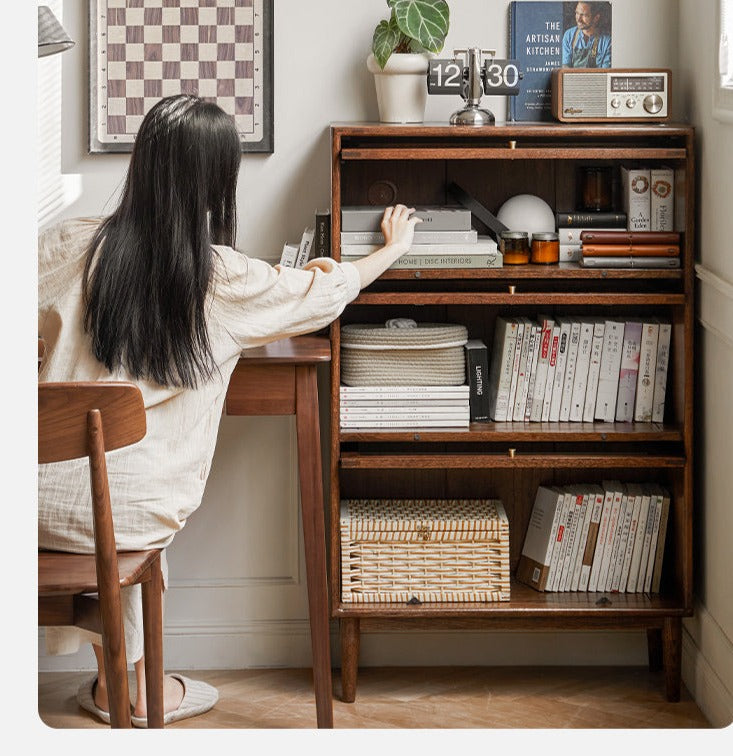 Black Walnut, Oak Solid Wood Glass Flip Door Bookcase, Side Cabinet