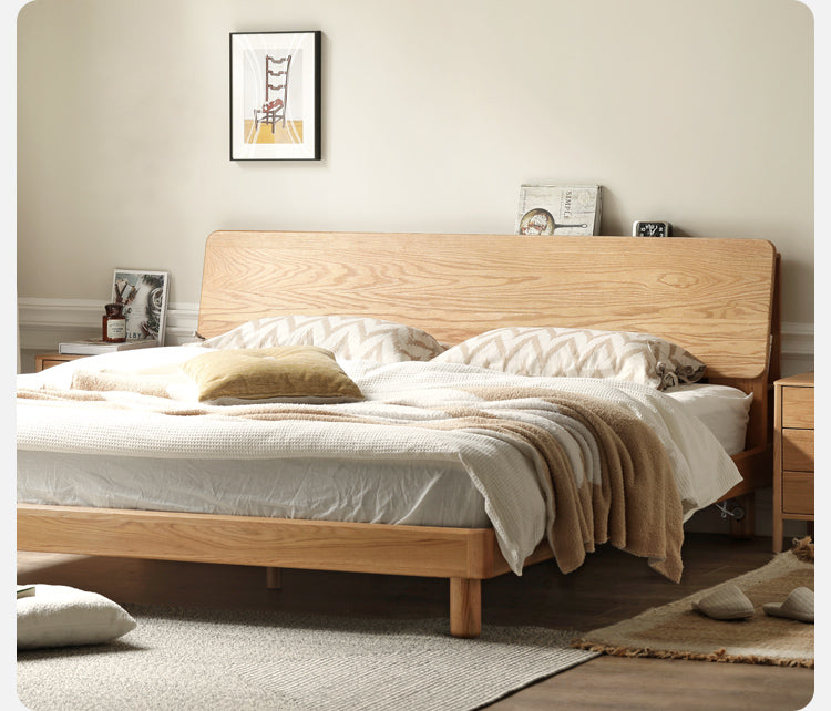 Oak Solid Wood Bed with Light, Storage Space