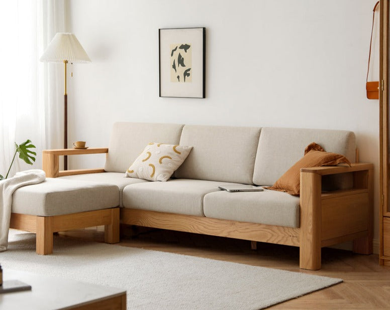 Solid Rubberwood, Oak Solid Wood Cotton Fabric Sofa