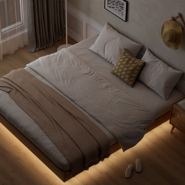 Oak solid wood Suspended platform bed, headboard-free bed with light