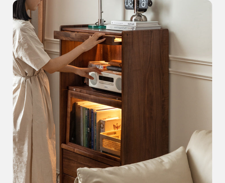 Sandalwood, Black Walnut, Oak Solid Wood Side Cabinet Flip Door LED Lights
