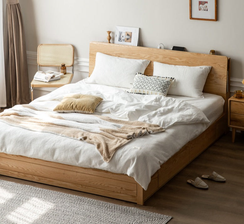 Oak Solid Wood Box Bed with Light And Bookshelf