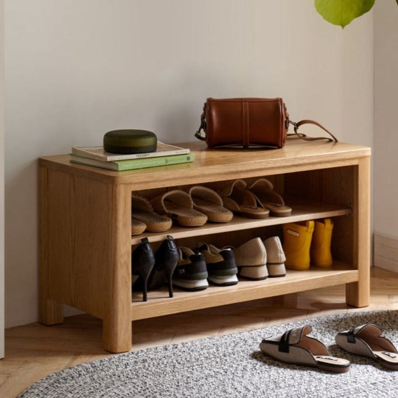 Oak Solid Wood Shoe Storage Bench - Main Image