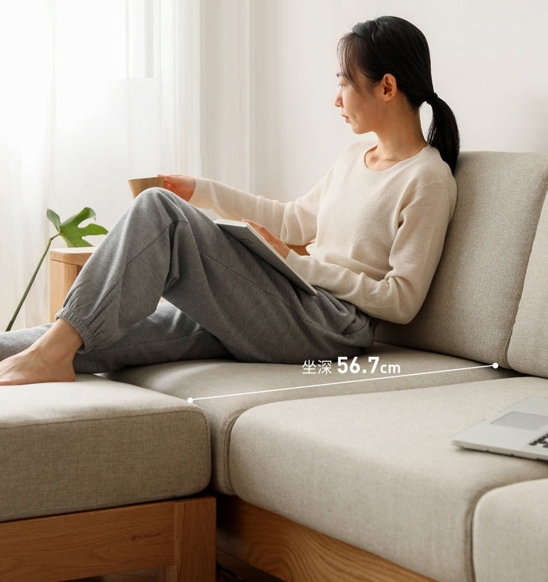 Solid Rubberwood, Oak Solid Wood Cotton Fabric Sofa
