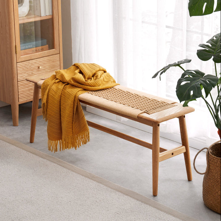Oak Solid Wood Entryway Bench with Woven Seat