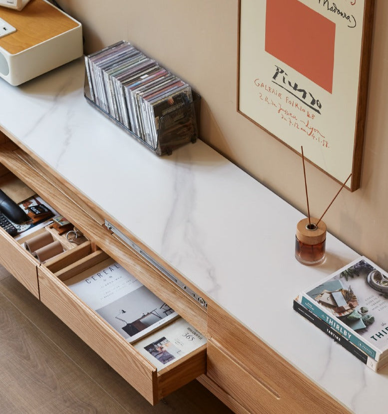 Solid Rubberwood, Oak Solid Wood TV Stand Slate Top.