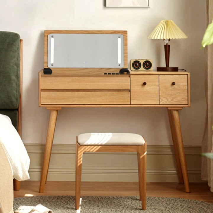 Oak Solid Wood, Solid RubberWood Vanity Table Mirror LED Touch Light.