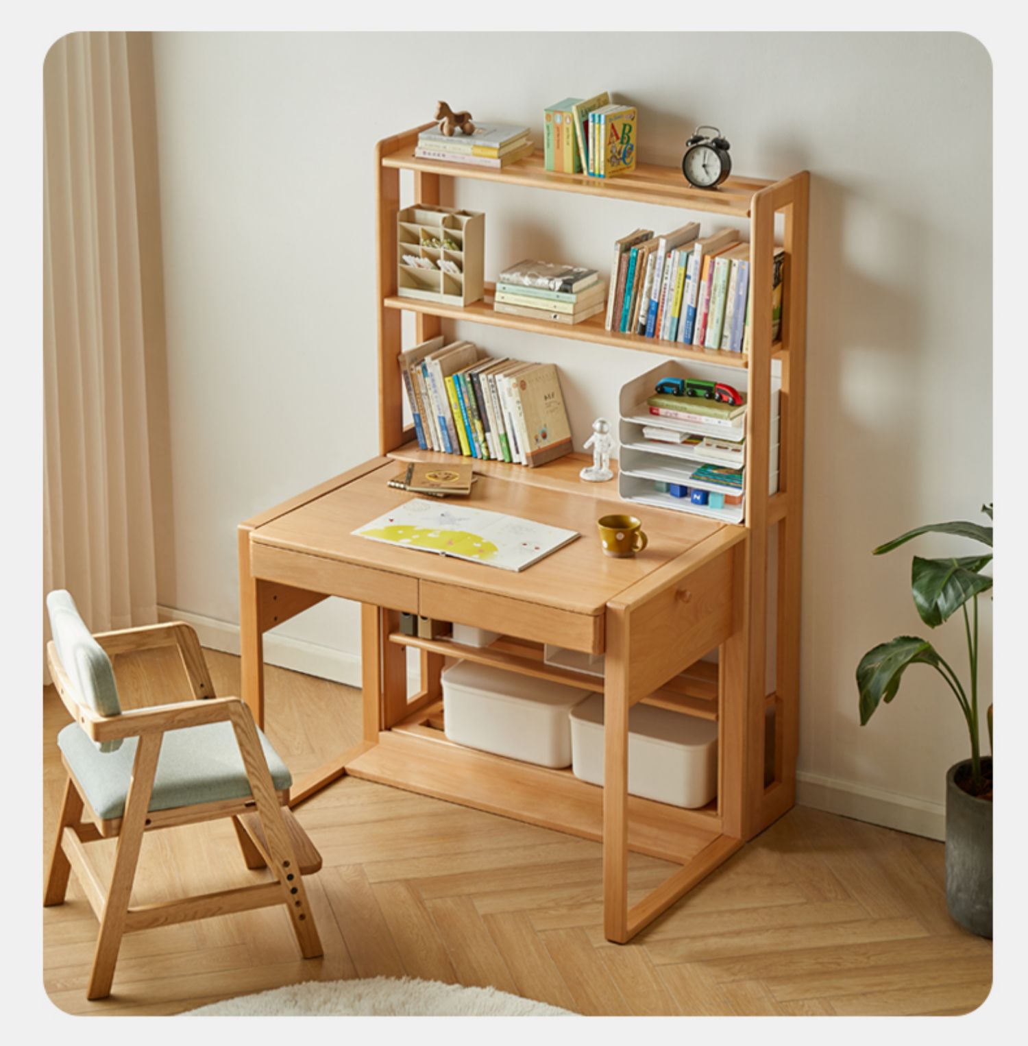 Beech, Oak Solid Wood Floor-To-Ceiling Bookshelf, Toy Storage