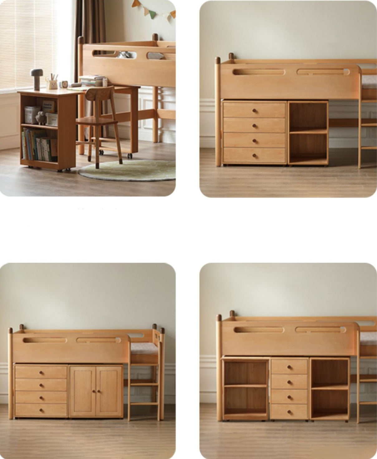 Beech Nordic Children's Solid Wood Loft Bed, Modern Minimalist Multifunctional Combination Bed with Table