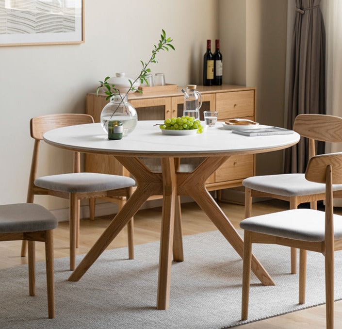 Oak Solid Wood Round Nordic Dining Table With Rock Slab Surface