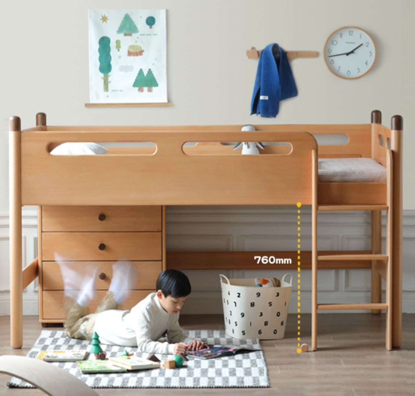 Beech Nordic Children's Solid Wood Loft Bed, Modern Minimalist Multifunctional Combination Bed with Table
