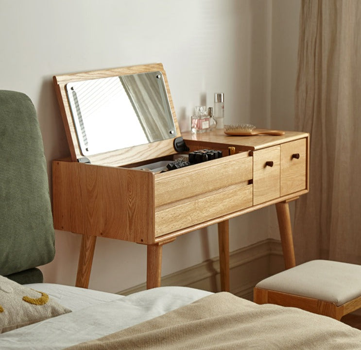 Oak Solid Wood, Solid RubberWood Vanity Table Mirror LED Touch Light.