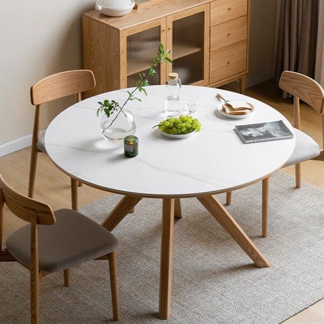 Oak Solid Wood Round Nordic Dining Table With Rock Slab Surface