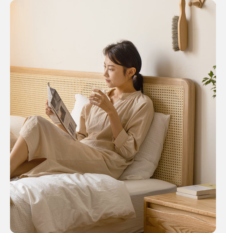 Ash Solid Wood Floor Bed Rattan