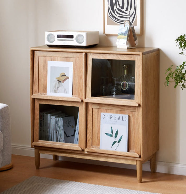 Oak, Сherry Solid Wood Four-Door Bookcase with Light, Magazine Cabinet