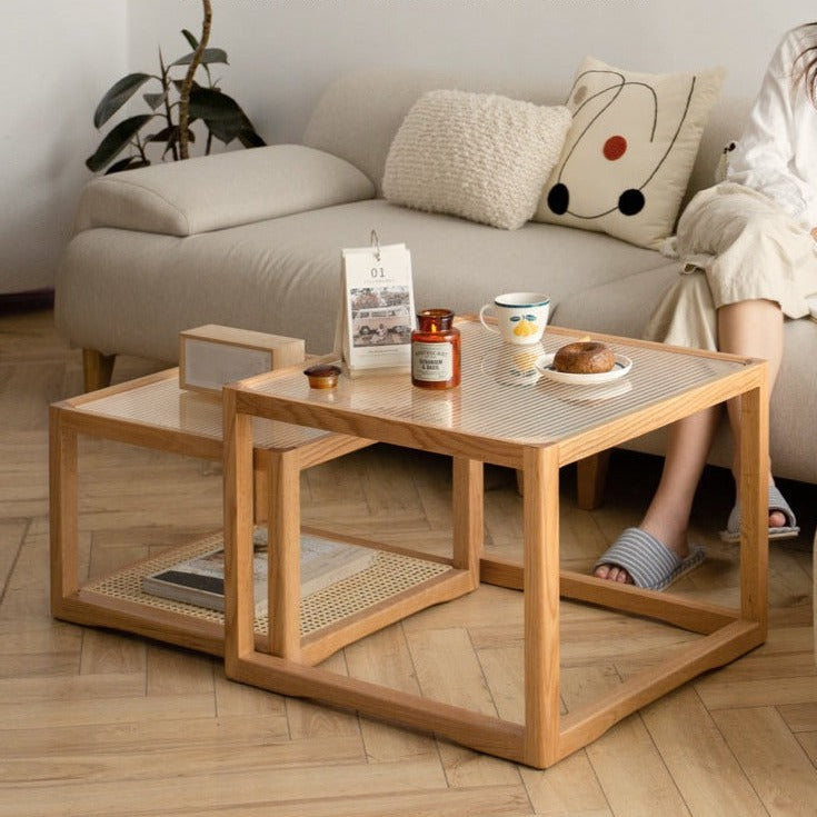 Oak, Beech Solid Wood, Glass Rattan Coffee Table