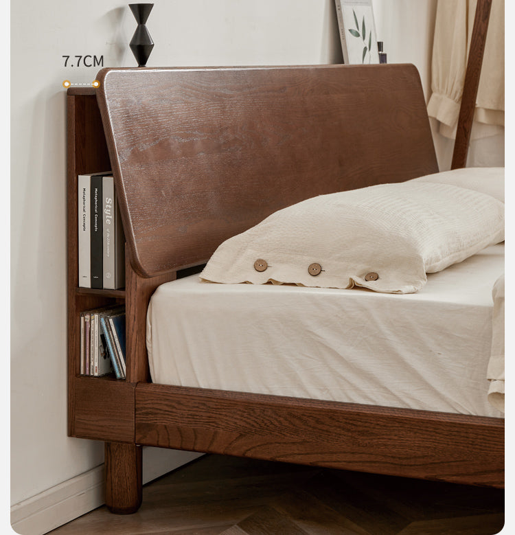 Oak Solid Wood Bed with Light, Storage Space