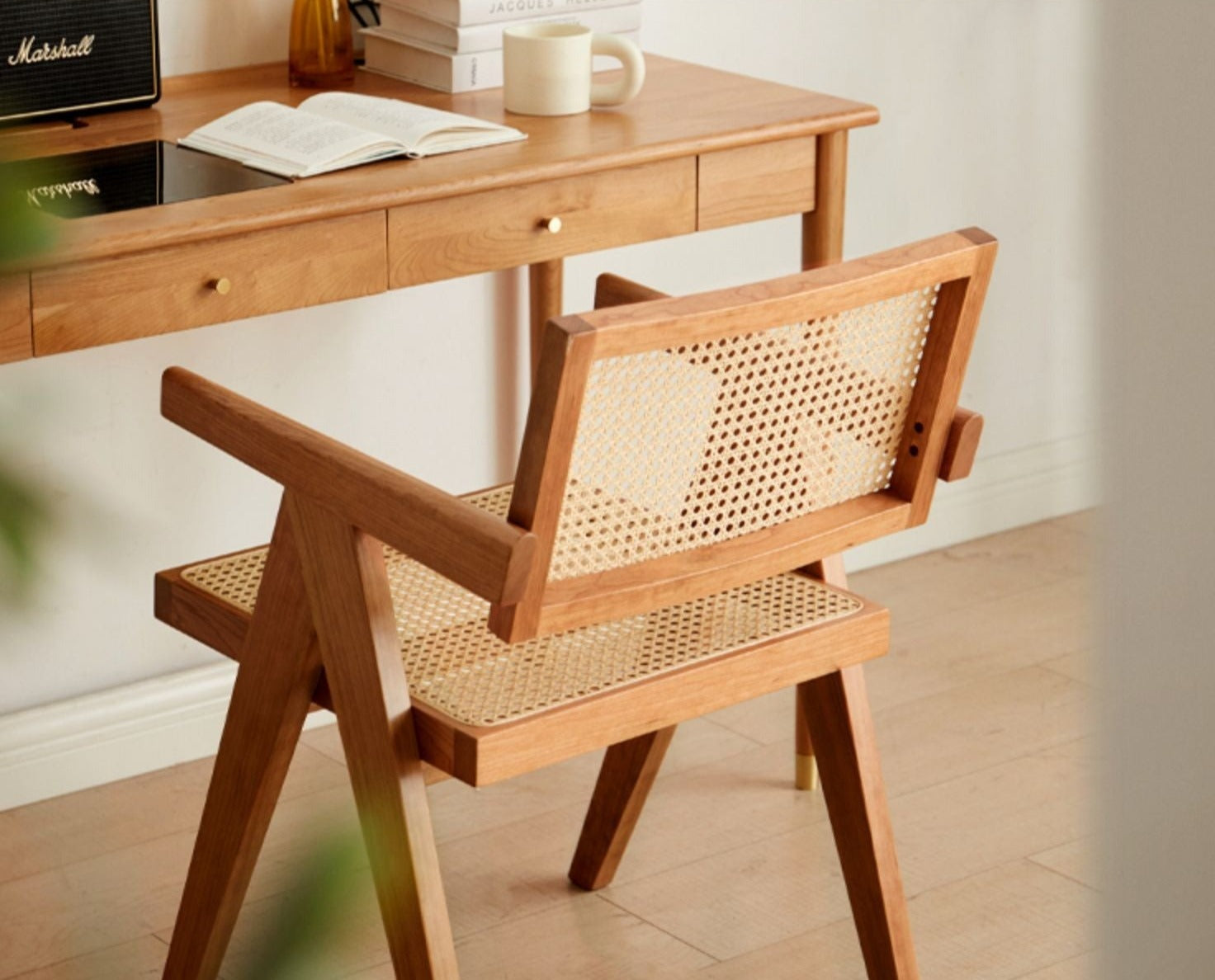 Ash, Oak, Cherry, Black Walnut, Beech Solid Wood Retro Rattan Chair
