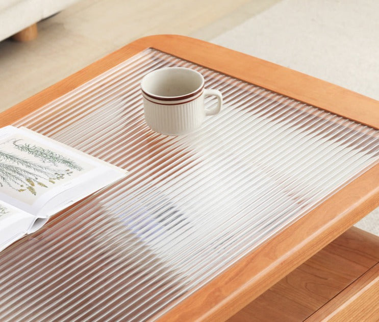 Cherry Solid Wood Coffee Table Glass, Rattan