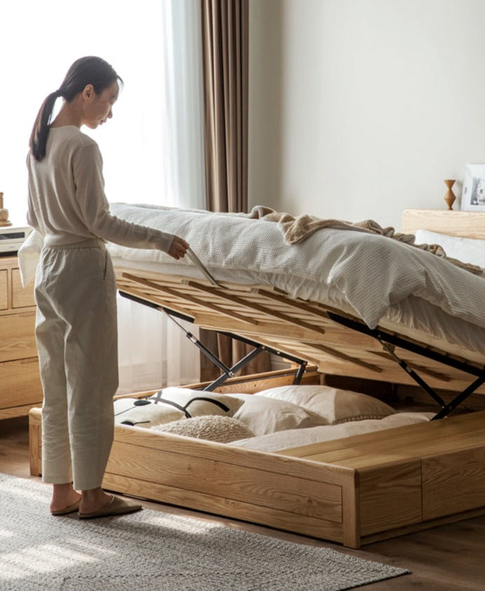 Oak Solid Wood Box Bed with Light And Bookshelf
