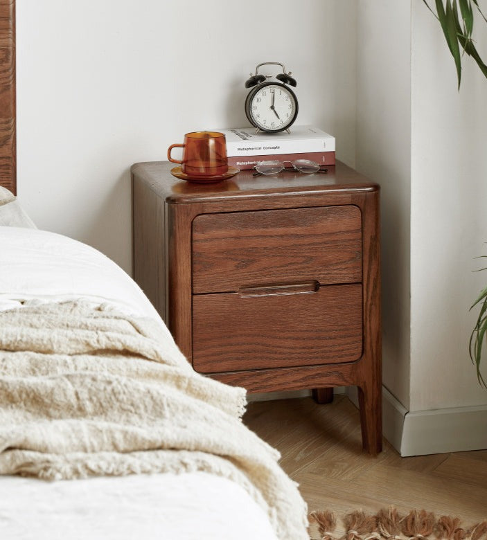 Oak Solid Wood Two-Drawer Nightstand.