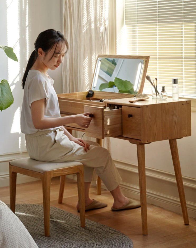 Oak Solid Wood, Solid RubberWood Vanity Table Mirror LED Touch Light.