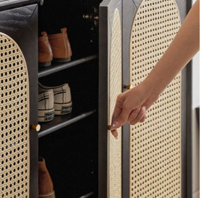 Oak Solid Wood Black Rattan Shoe Cabinet