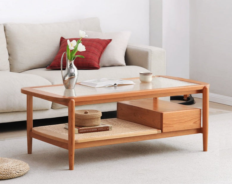 Cherry Solid Wood Coffee Table Glass, Rattan