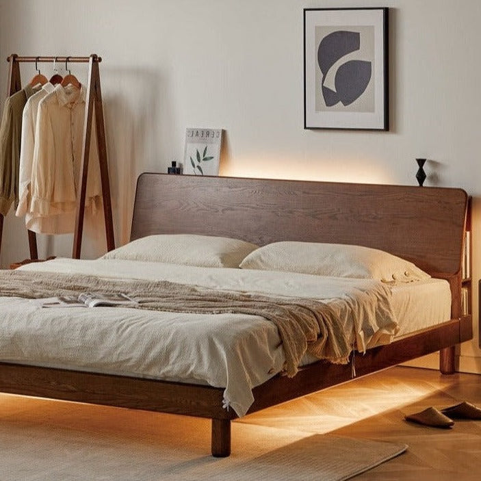 Oak Solid Wood Bed with Light, Storage Space